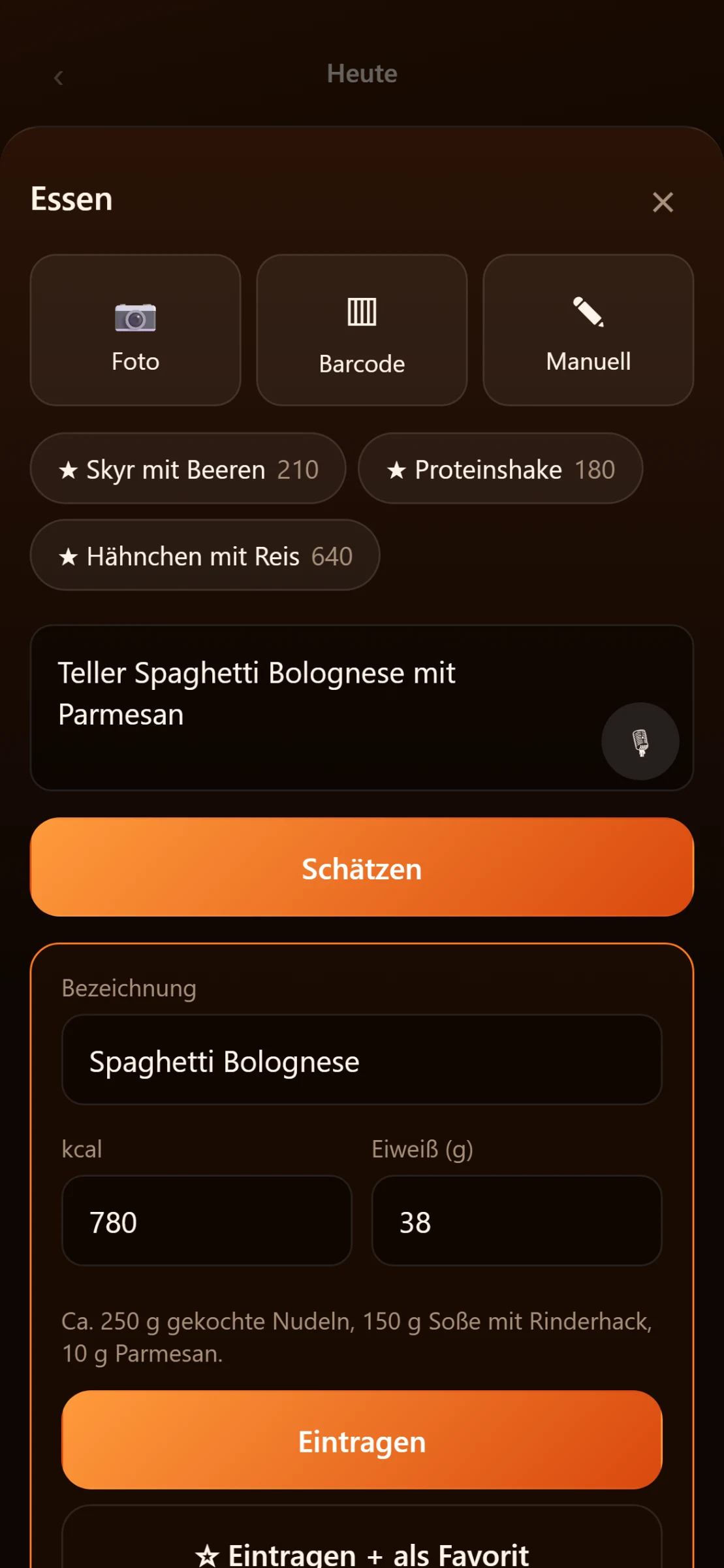 Kalor: Essen erfassen