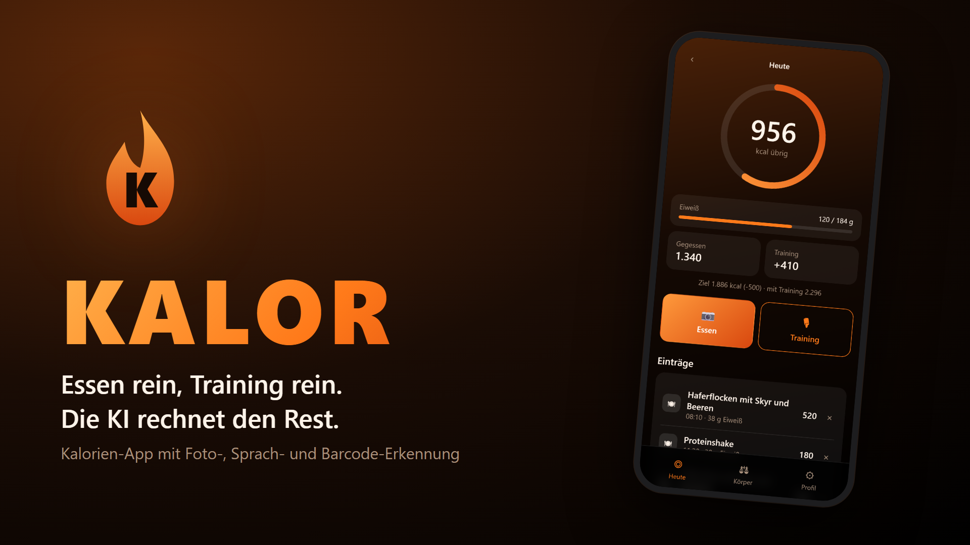 Kalor auf dem Handy: 956 kcal übrig, Eiweiß-Balken und die Knöpfe Essen und Training